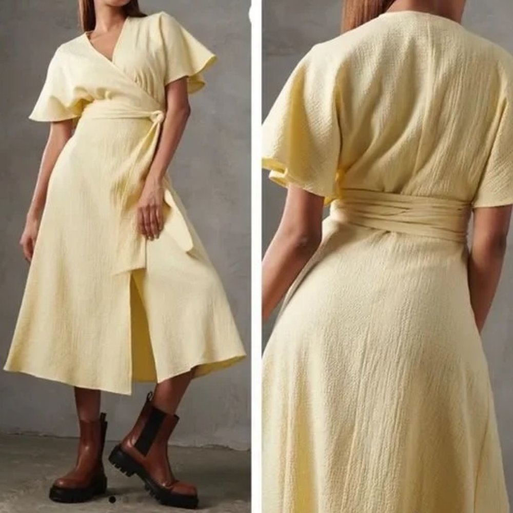 Textured Cotton NWT Gauzy Yellow Wrap Dress